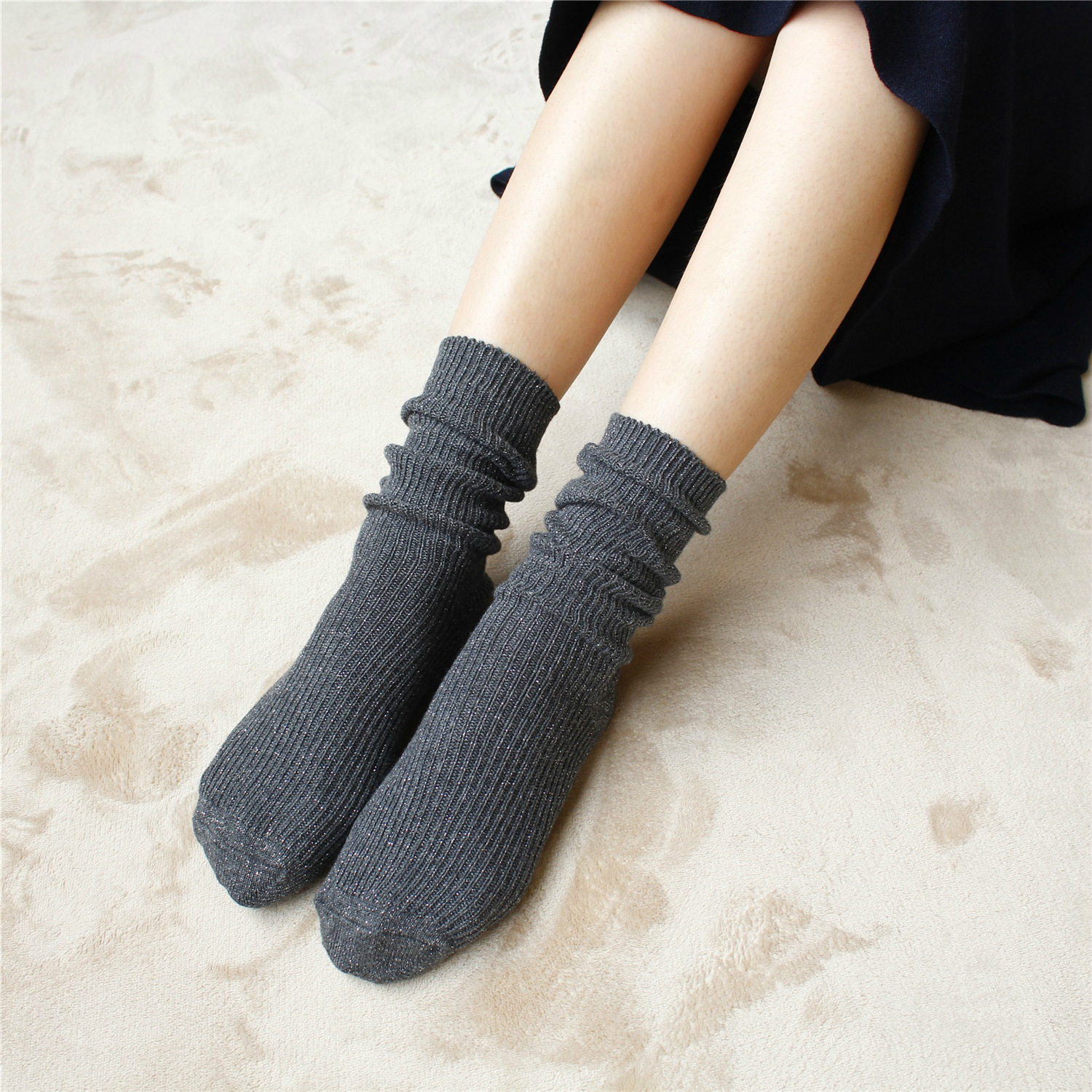 Thick Slouch Socks Line Fine Silver Bars Socks Autumn Winter Retro Female Socks